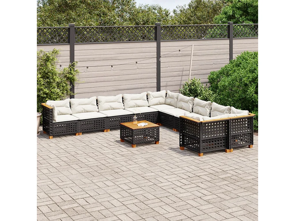 Salon de jardin 11 pcs avec coussins noir résine tressée