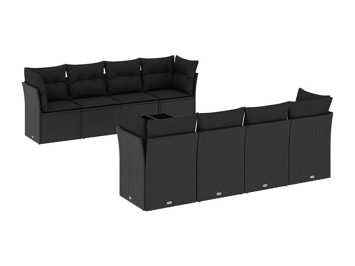 9-tlg. Garten-Sofagarnitur mit Kissen Schwarz Poly Rattan