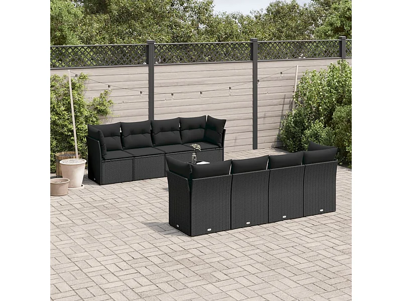 9-tlg. Garten-Sofagarnitur mit Kissen Schwarz Poly Rattan