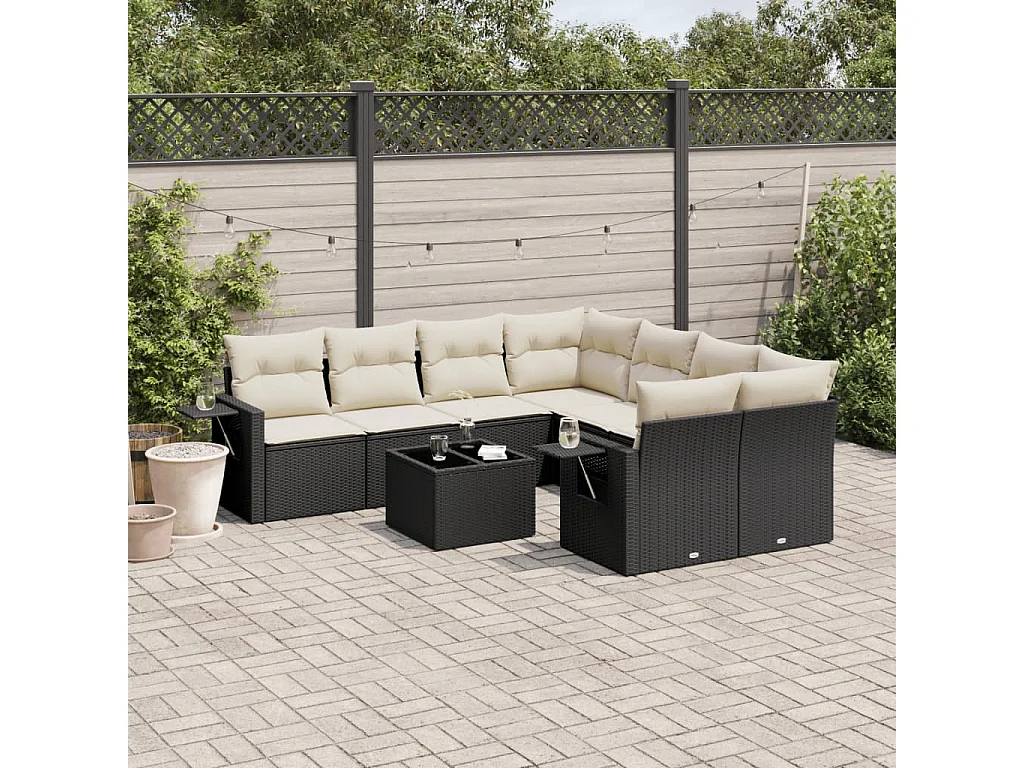 Set Divani da Giardino 9 pz con Cuscini Nero in Polyrattan