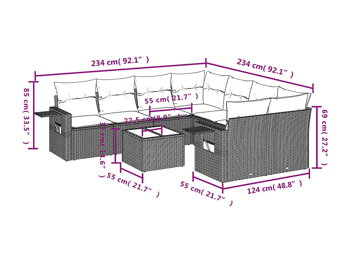 Set Divani da Giardino 9 pz con Cuscini Nero in Polyrattan