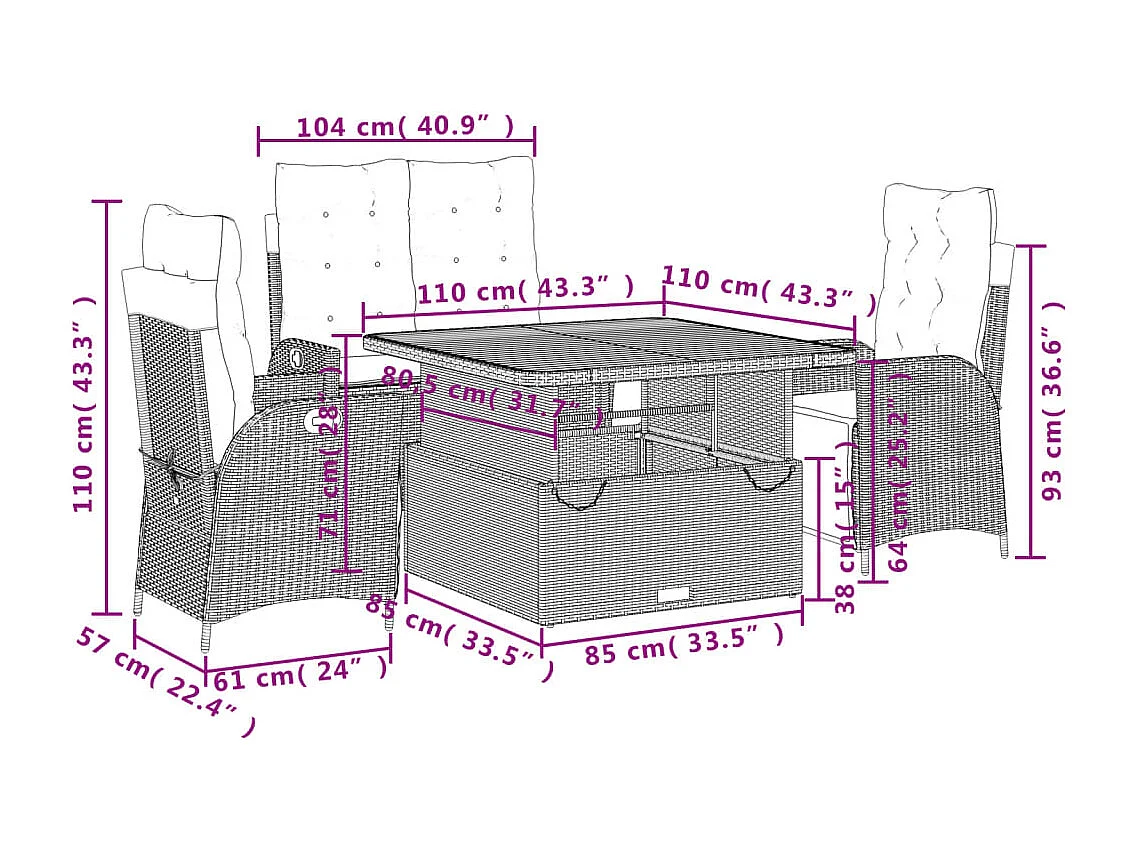 4-delige Tuinset met kussens poly rattan zwart