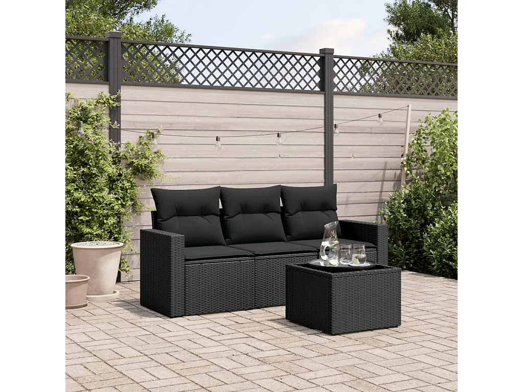 4 pcs conjunto de sofás para jardim c/ almofadões vime PE preto