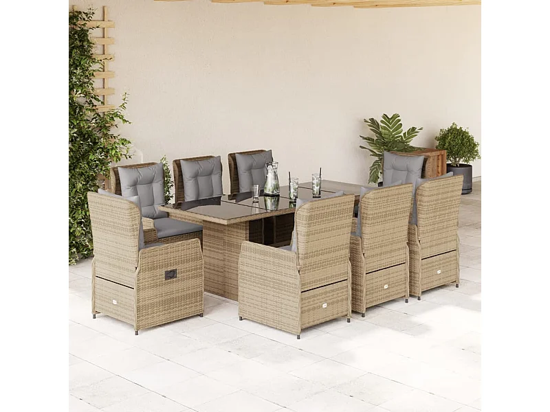 Set da Pranzo da Giardino 9 pz con Cuscini Beige in Polyrattan