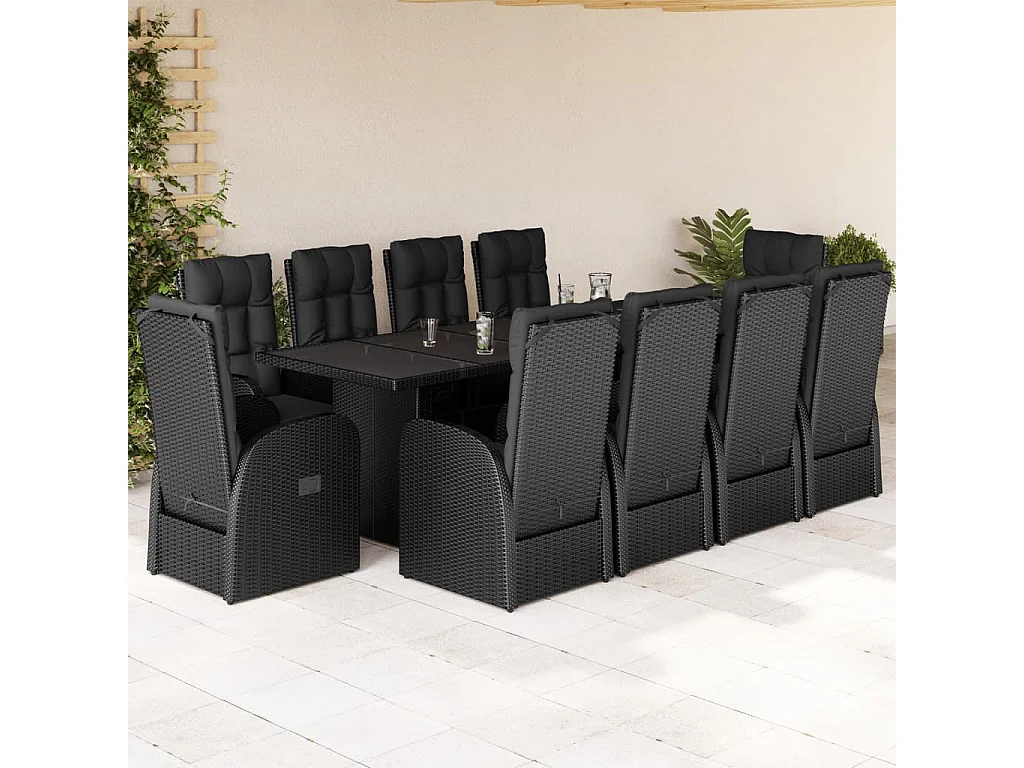 Ensemble à manger de jardin 11 pcs coussins noir résine tressée