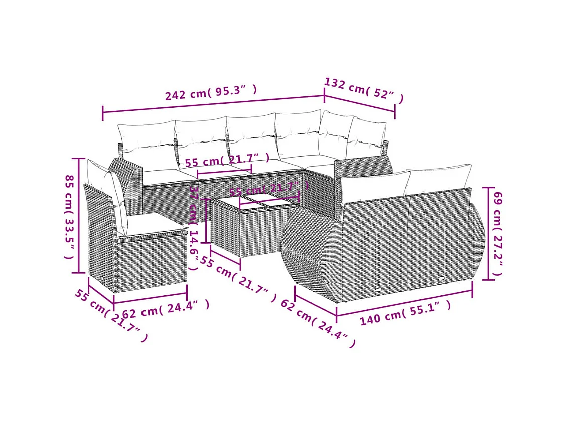 9-tlg. Garten-Sofagarnitur mit Kissen Beige Poly Rattan
