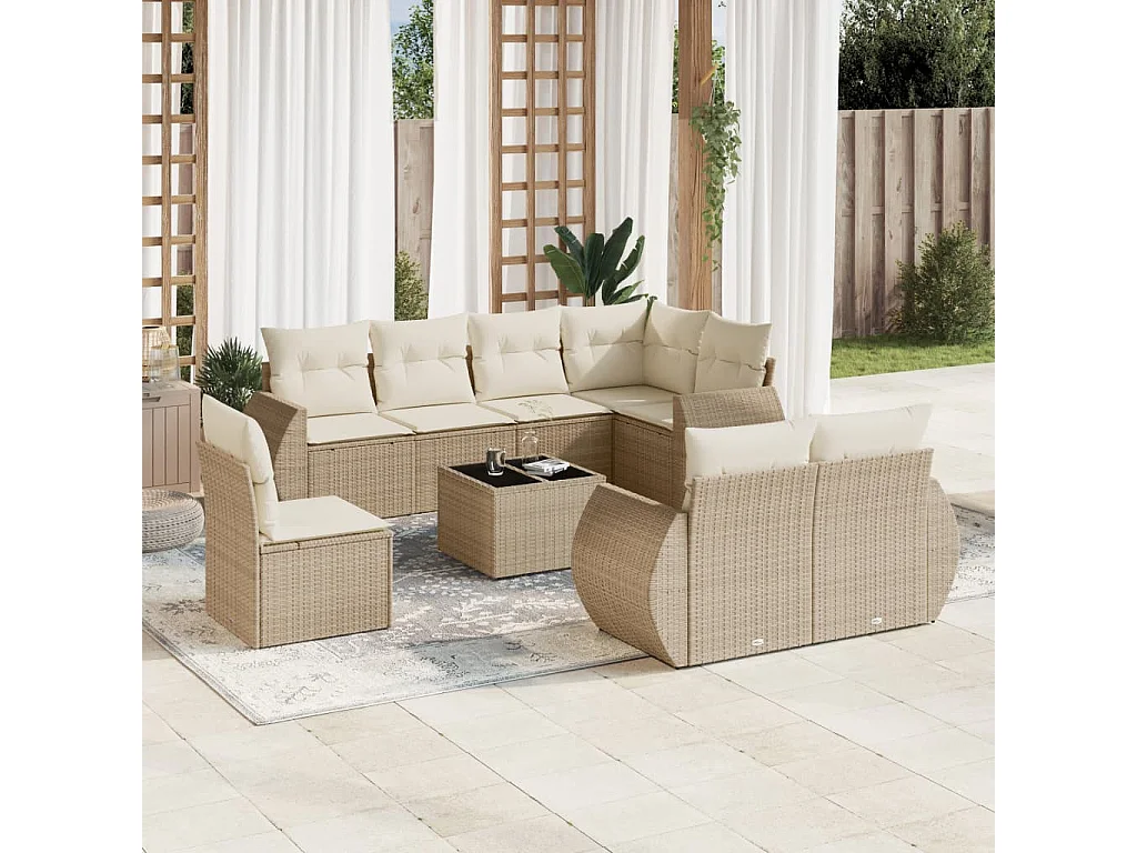 9-tlg. Garten-Sofagarnitur mit Kissen Beige Poly Rattan