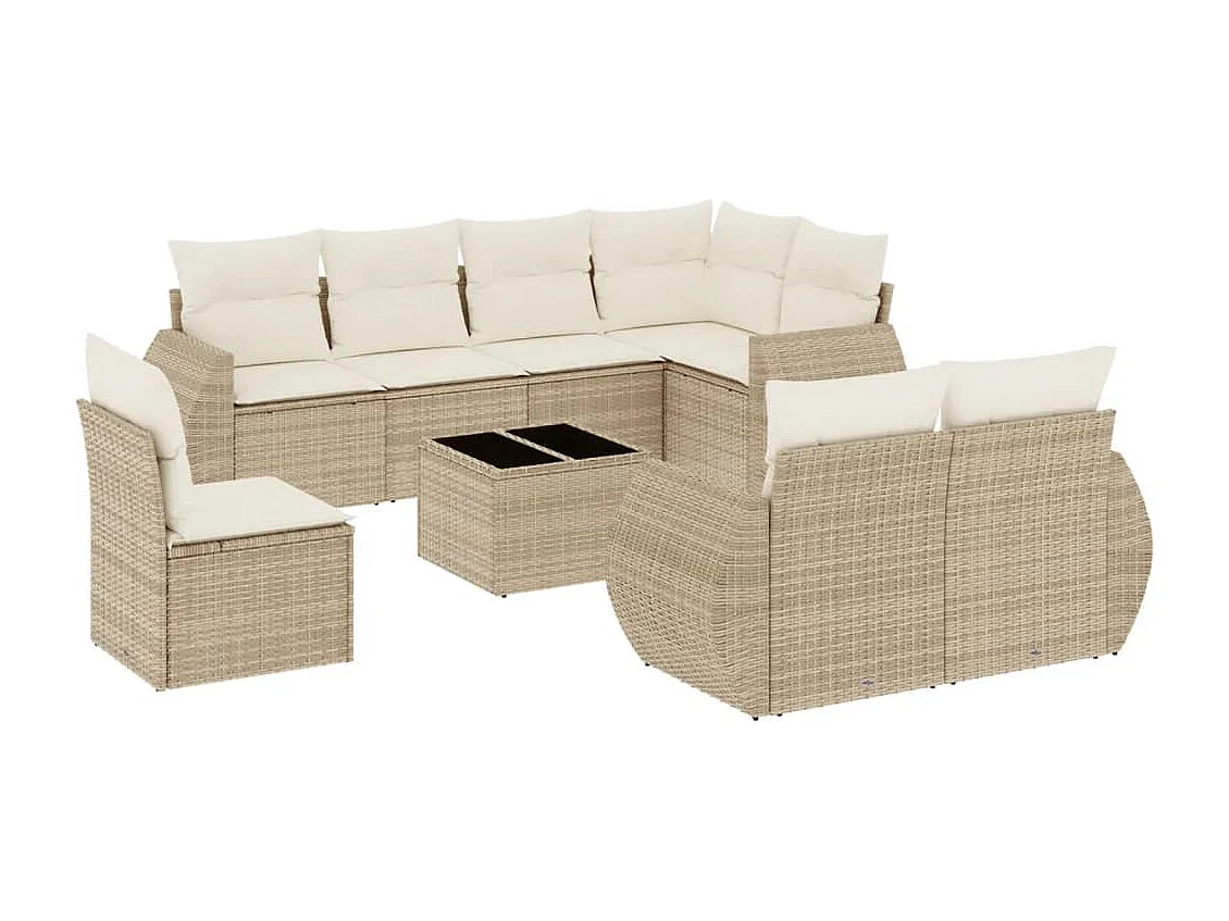 9-tlg. Garten-Sofagarnitur mit Kissen Beige Poly Rattan