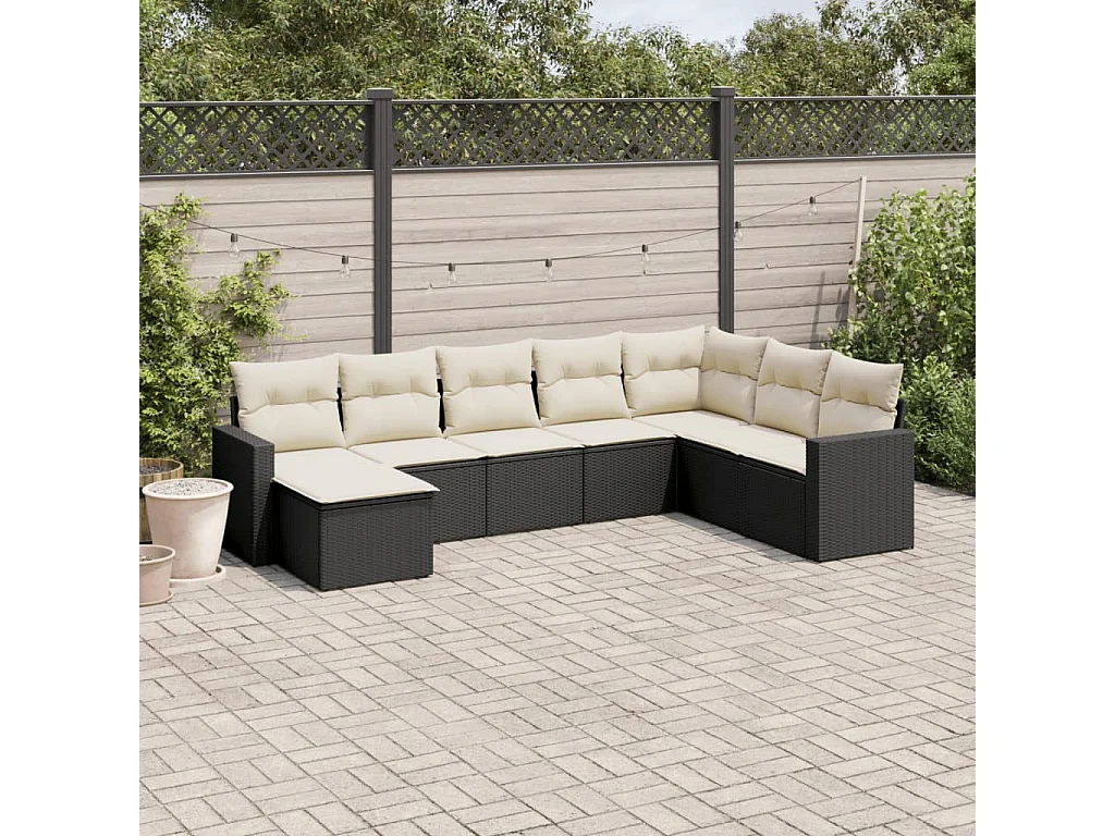 8-delige Loungeset met kussens poly rattan zwart