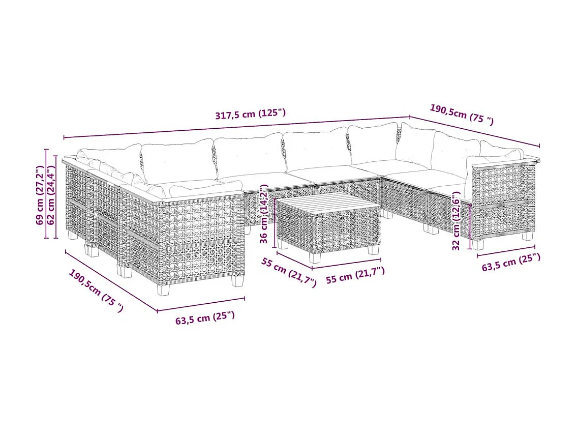 Set Divani da Giardino 10pz con Cuscini in Polyrattan Nero