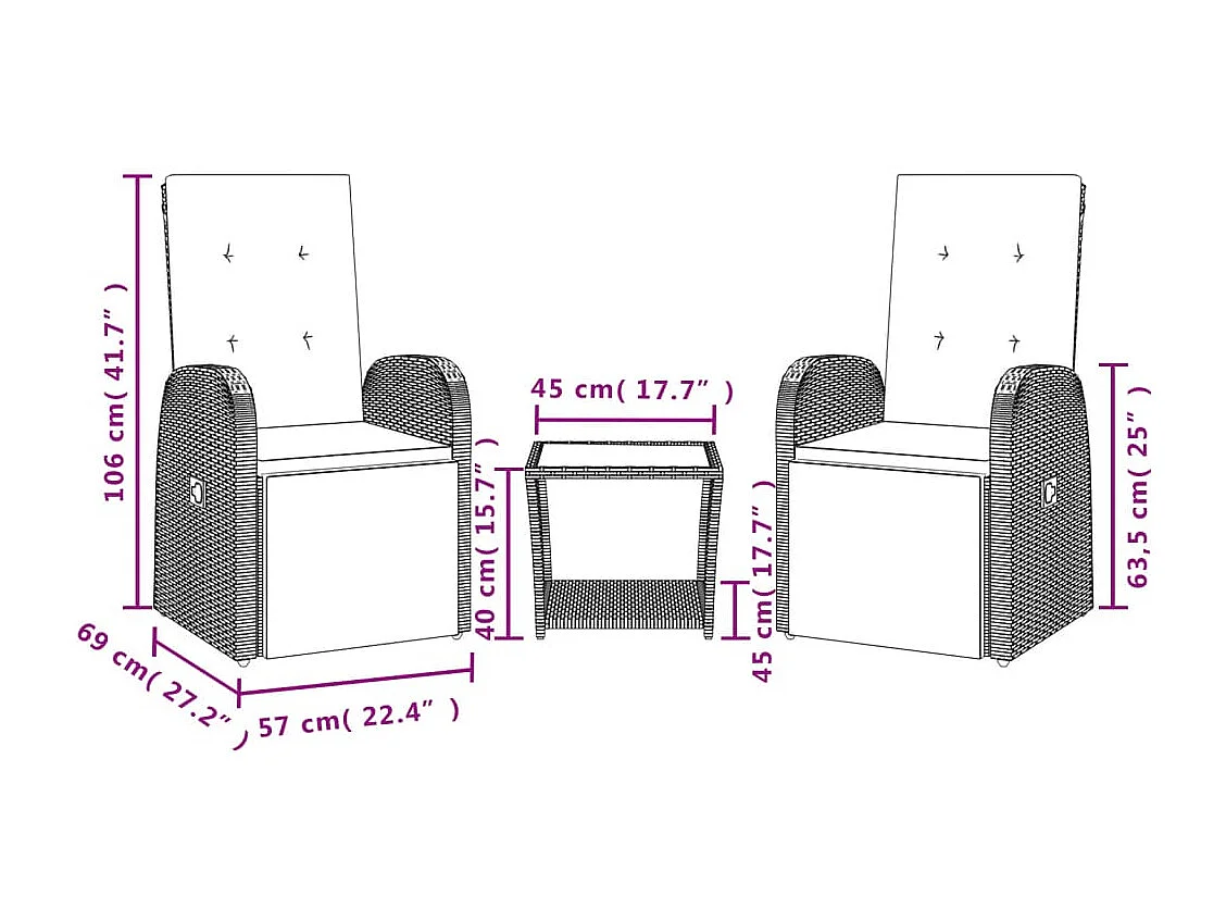Set comedor de jardín 3 piezas con cojines ratán sintético gris