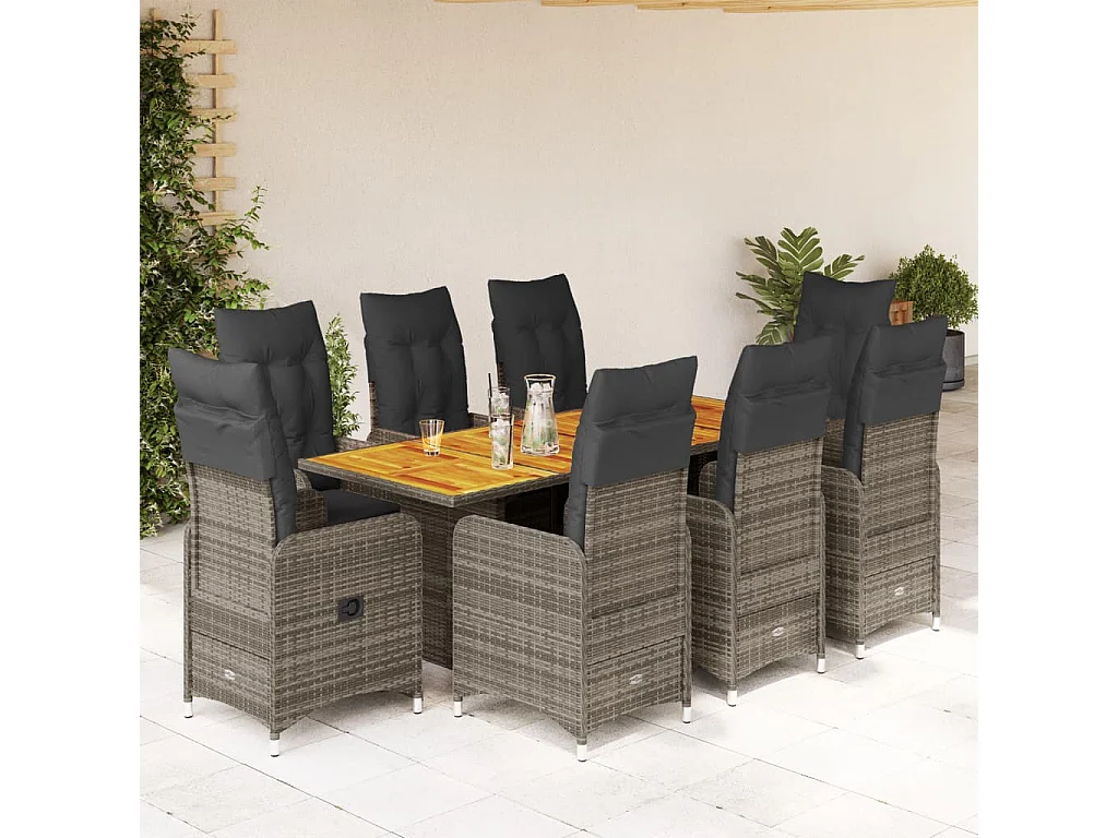 Ensemble de bistro de jardin 9 pcs coussins gris poly rotin