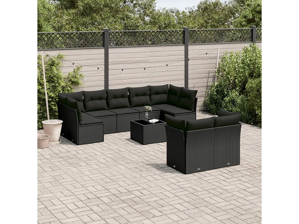 Salon de jardin 10 pcs avec coussins noir résine tressée