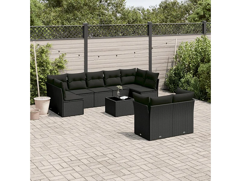 Salon de jardin 10 pcs avec coussins noir résine tressée