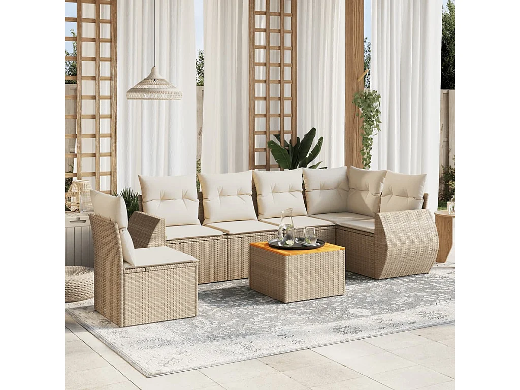 Salon de jardin avec coussins 7 pcs beige résine tressée