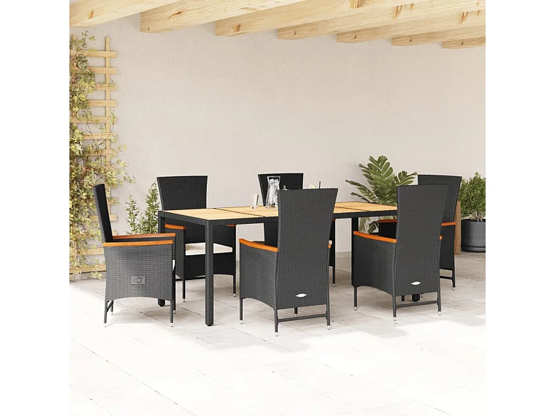 Ensemble à manger de jardin coussins 7pcs Noir Résine tressée