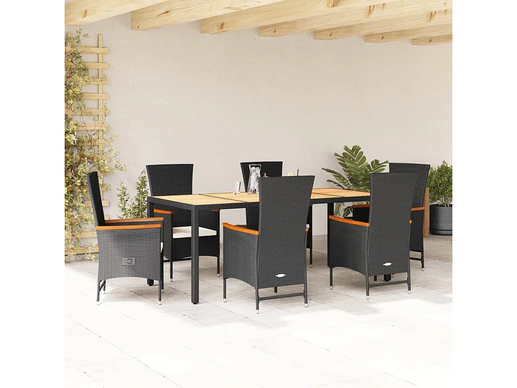 Ensemble à manger de jardin coussins 7pcs Noir Résine tressée