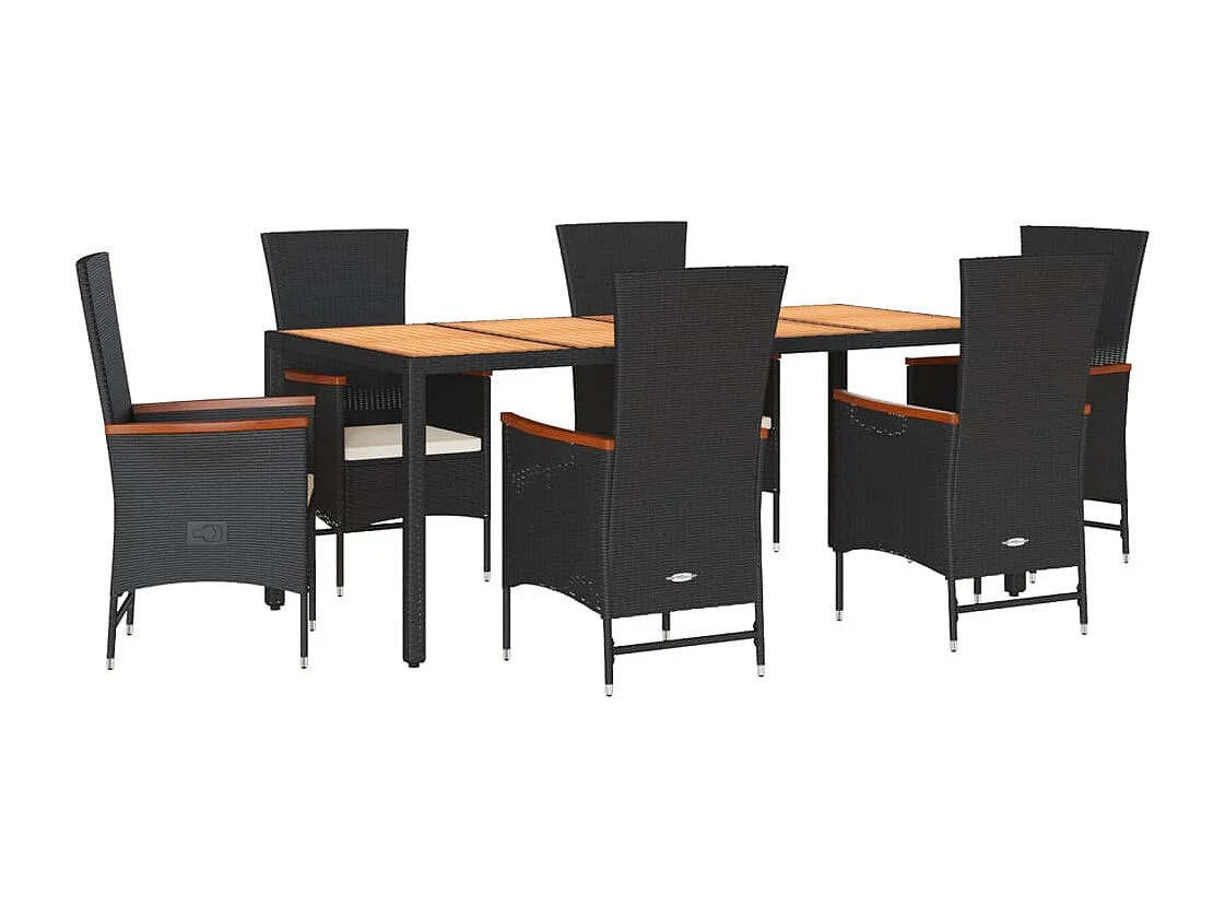 7 pcs conjunto de jantar p/ jardim c/ almofadões vime PE preto