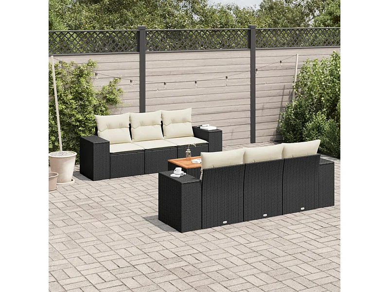 Salon de jardin 7 pcs avec coussins noir résine tressée
