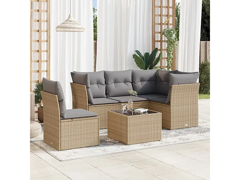 6 pcs conjunto de sofás p/ jardim com almofadões vime PE bege