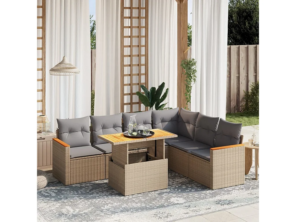 Salon de jardin avec coussins 7 pcs beige résine tressée