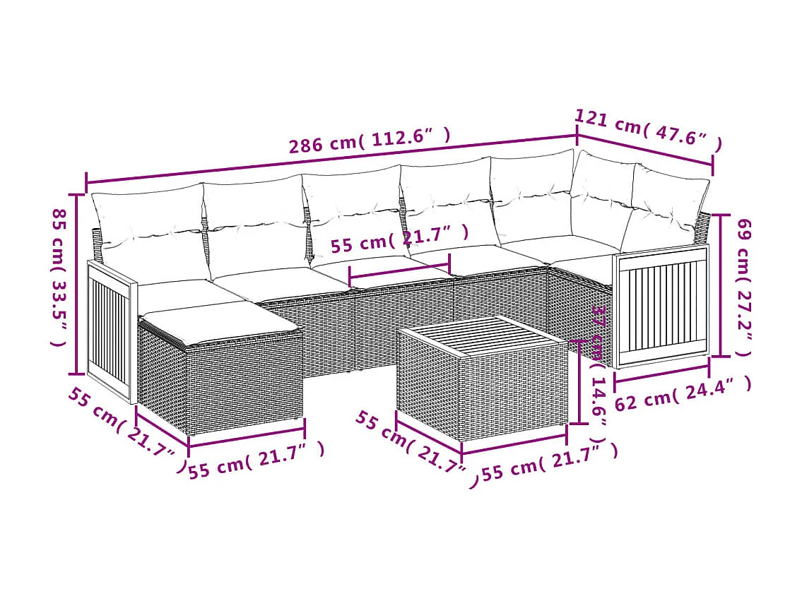 8 pcs conjunto sofás de jardim com almofadões vime PE preto