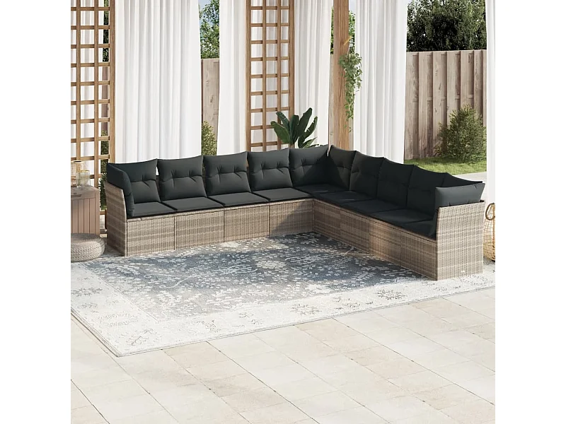 Salon de jardin 9 pcs avec coussins gris clair résine tressée