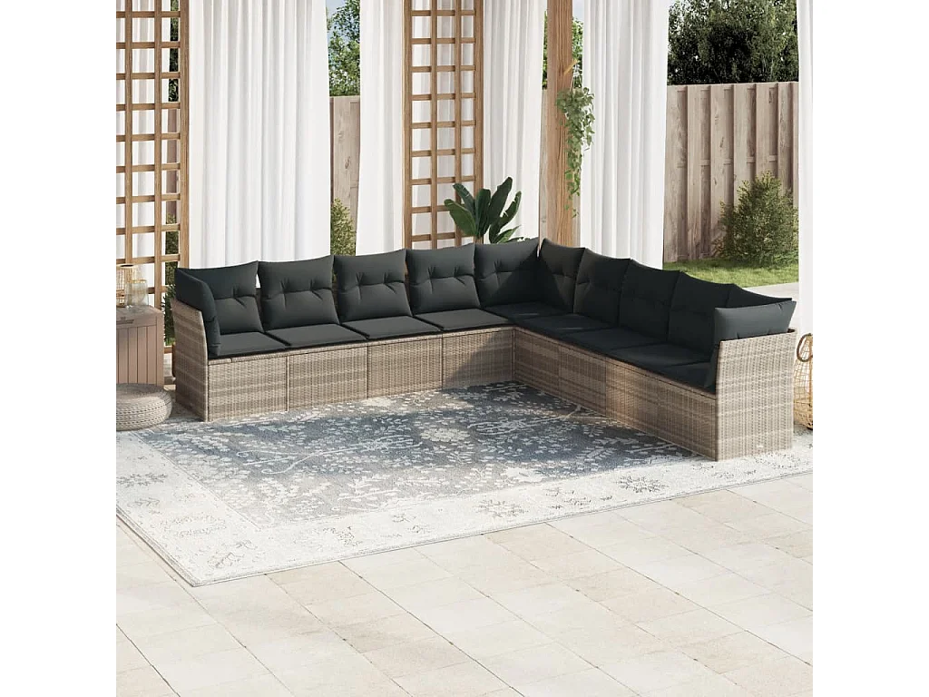 Salon de jardin 9 pcs avec coussins gris clair résine tressée