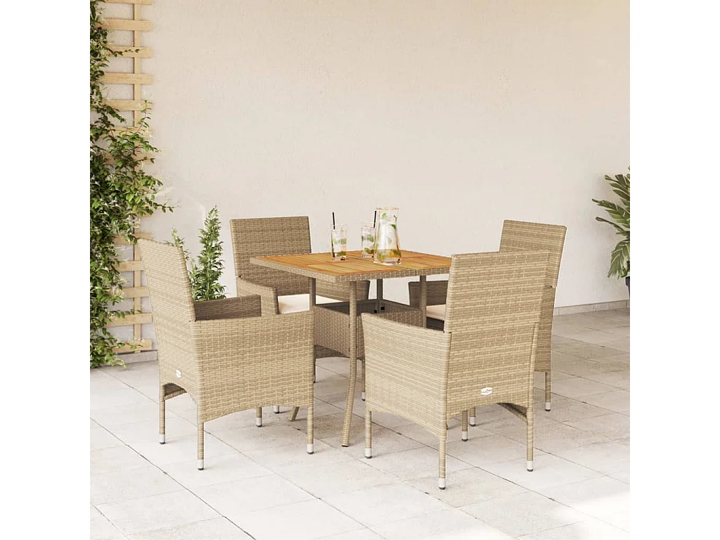 5-delige Tuinset met kussens poly rattan en acaciahout beige