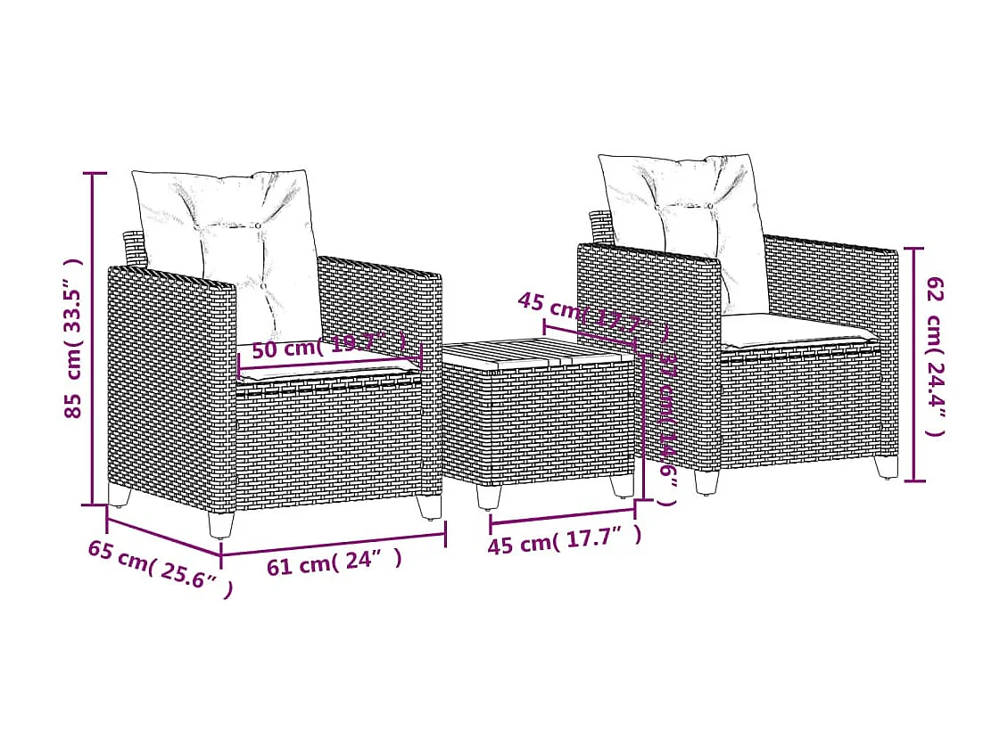 Set da Bistrò 3 pz con Cuscini Nero Polyrattan e Legno Acacia