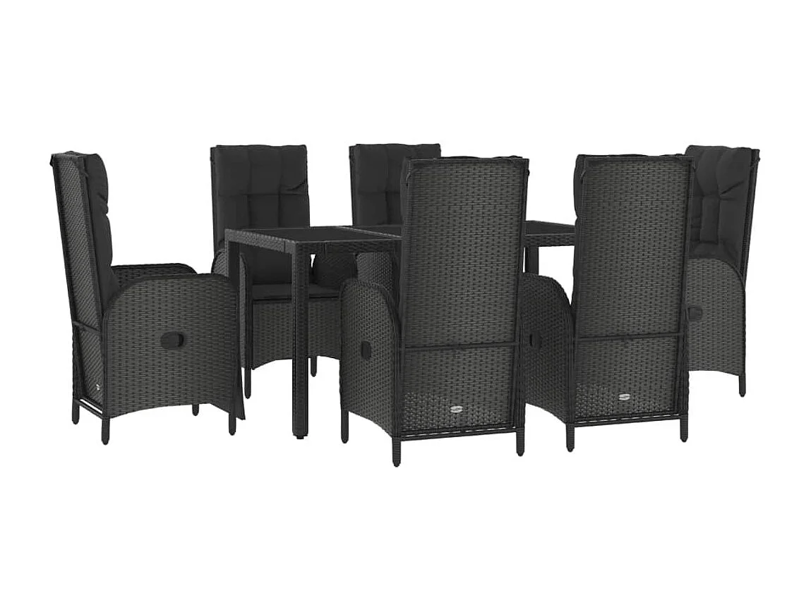 7 pcs conjunto de jantar p/ jardim c/ almofadões vime PE preto