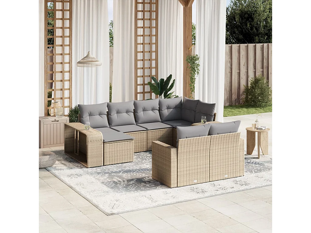 Salon de jardin avec coussins 10 pcs beige résine tressée
