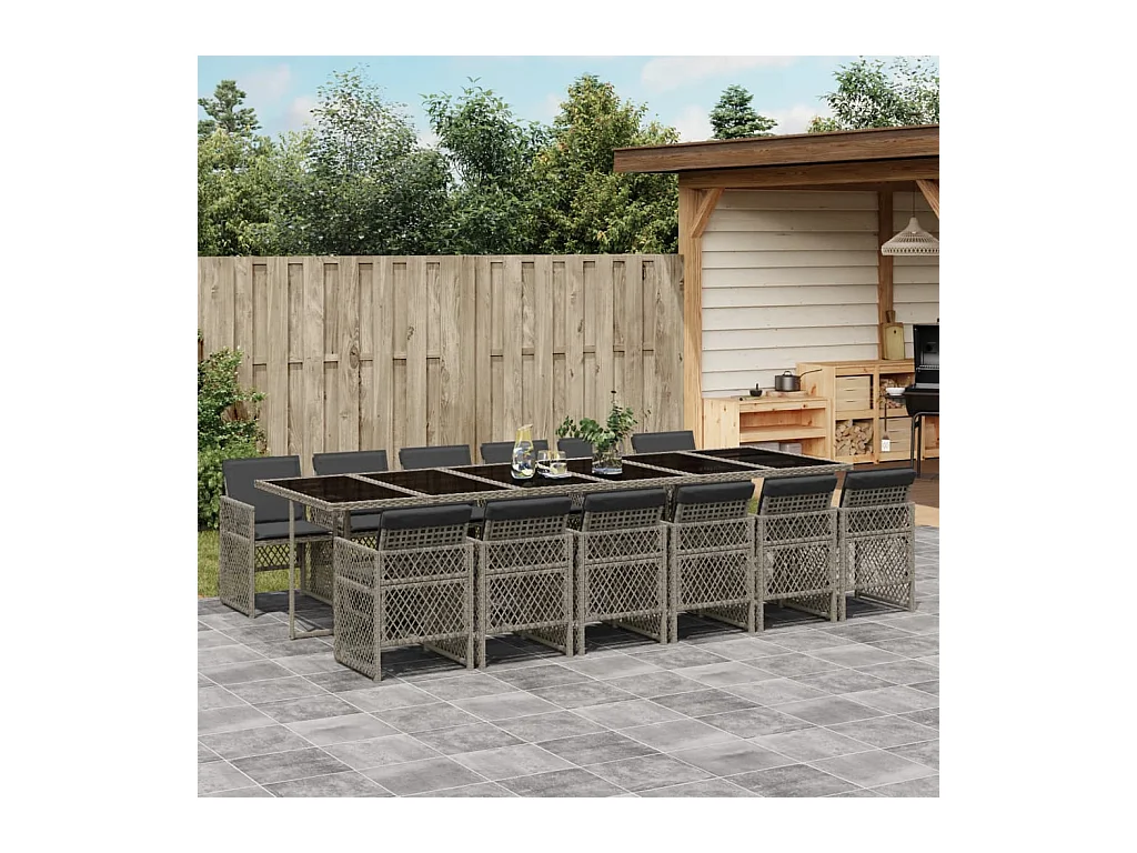 Ensemble à manger de jardin coussins 13 pcs gris résine tressée