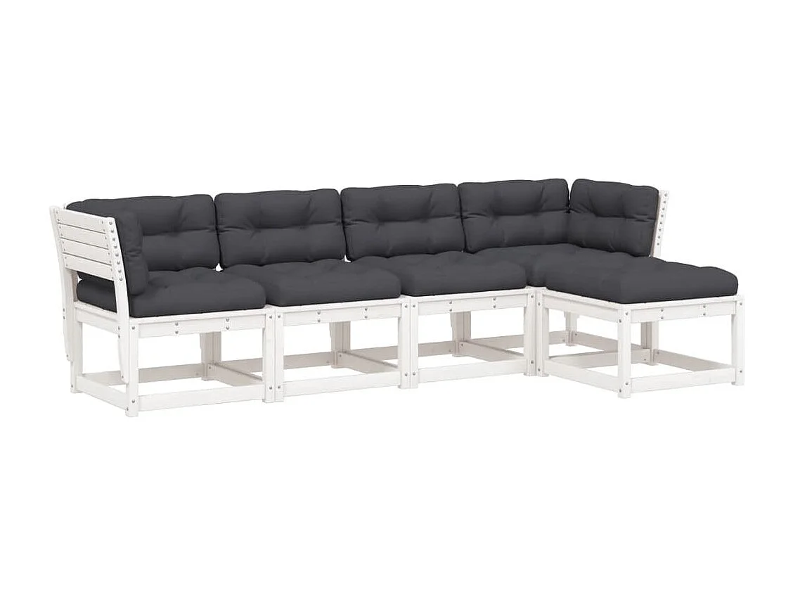 Set Divani Giardino 5pz con Cuscini Bianco Legno Massello Pino
