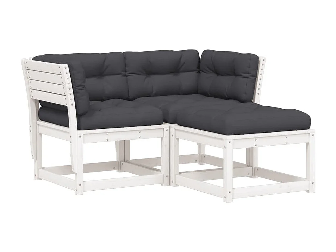 3 pcs conj. sofás de jardim c/ almofadões pinho maciço branco