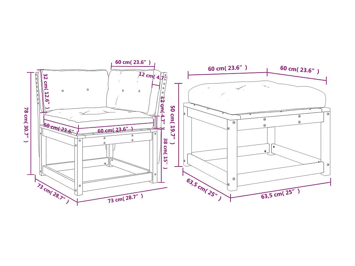 3 pcs conj. sofás de jardim c/ almofadões pinho maciço branco