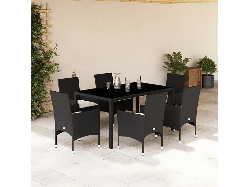 Ensemble à manger de jardin et coussins 7 pcs noir rotin acacia