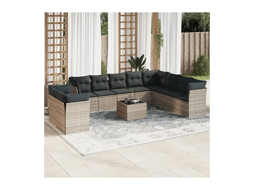 11-delige Loungeset met kussens poly rattan lichtgrijs