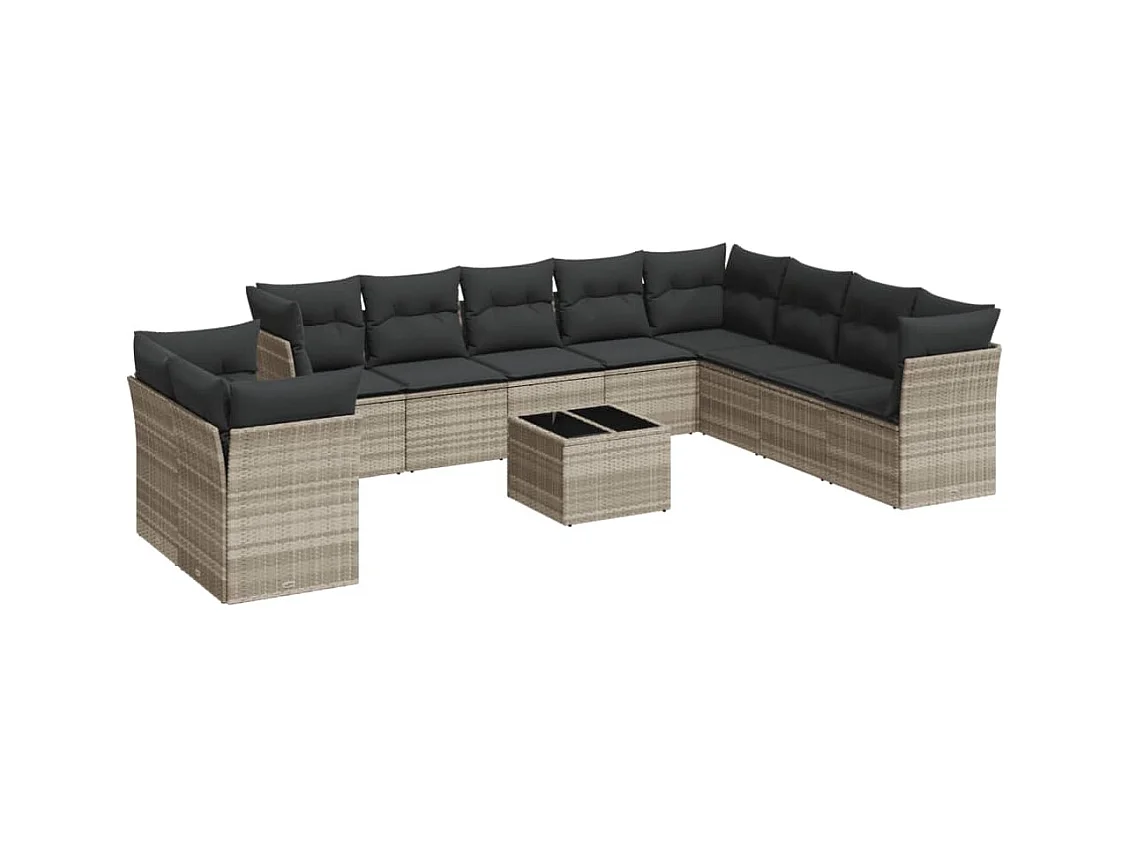 11-tlg. Garten-Sofagarnitur mit Kissen Hellgrau Poly Rattan