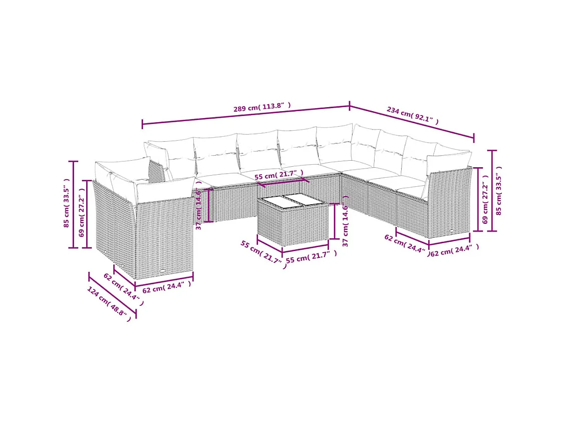 11-tlg. Garten-Sofagarnitur mit Kissen Hellgrau Poly Rattan