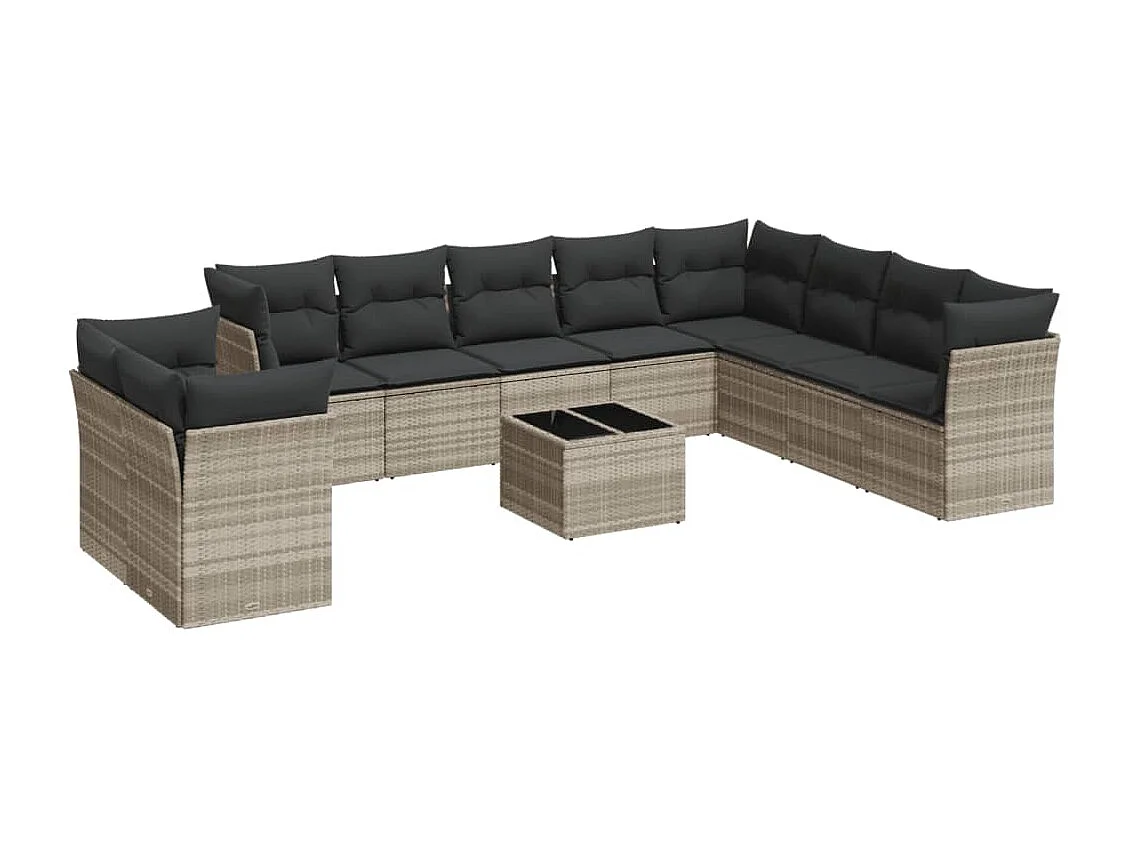 11-tlg. Garten-Sofagarnitur mit Kissen Hellgrau Poly Rattan