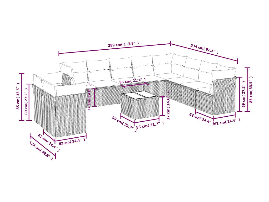 11-tlg. Garten-Sofagarnitur mit Kissen Hellgrau Poly Rattan