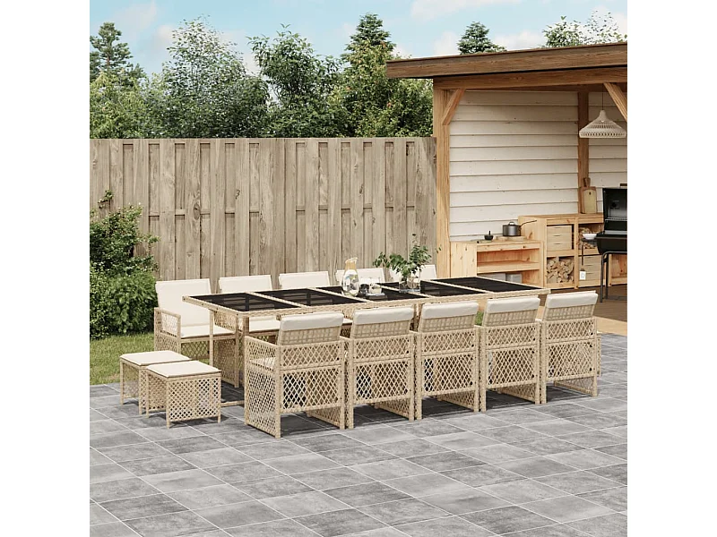 15 pcs conjunto de jantar p/ jardim com almofadões vime PE bege