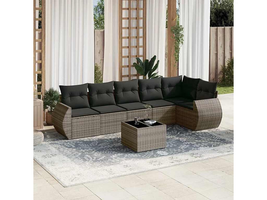 7 pcs conjunto sofás p/ jardim c/ almofadões vime PE cinzento