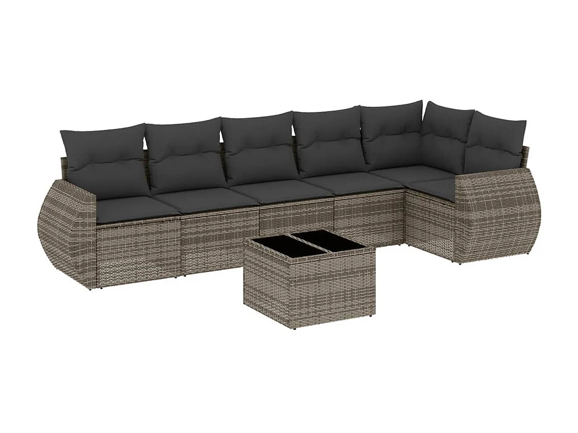 7 pcs conjunto sofás p/ jardim c/ almofadões vime PE cinzento