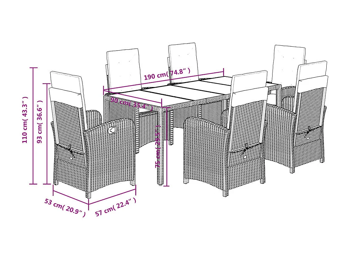 Set da Pranzo da Giardino 7 pz Nero con Cuscini in Polyrattan