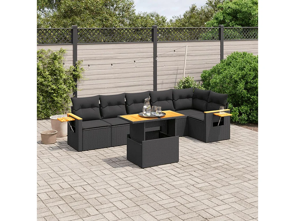 Salon de jardin 7 pcs avec coussins noir résine tressée