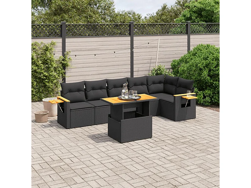 Salon de jardin 7 pcs avec coussins noir résine tressée