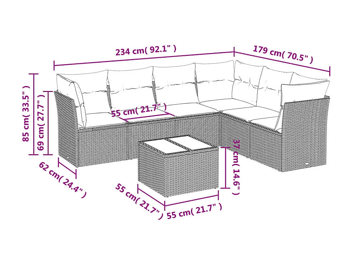 Salon de jardin avec coussins 7 pcs gris résine tressée