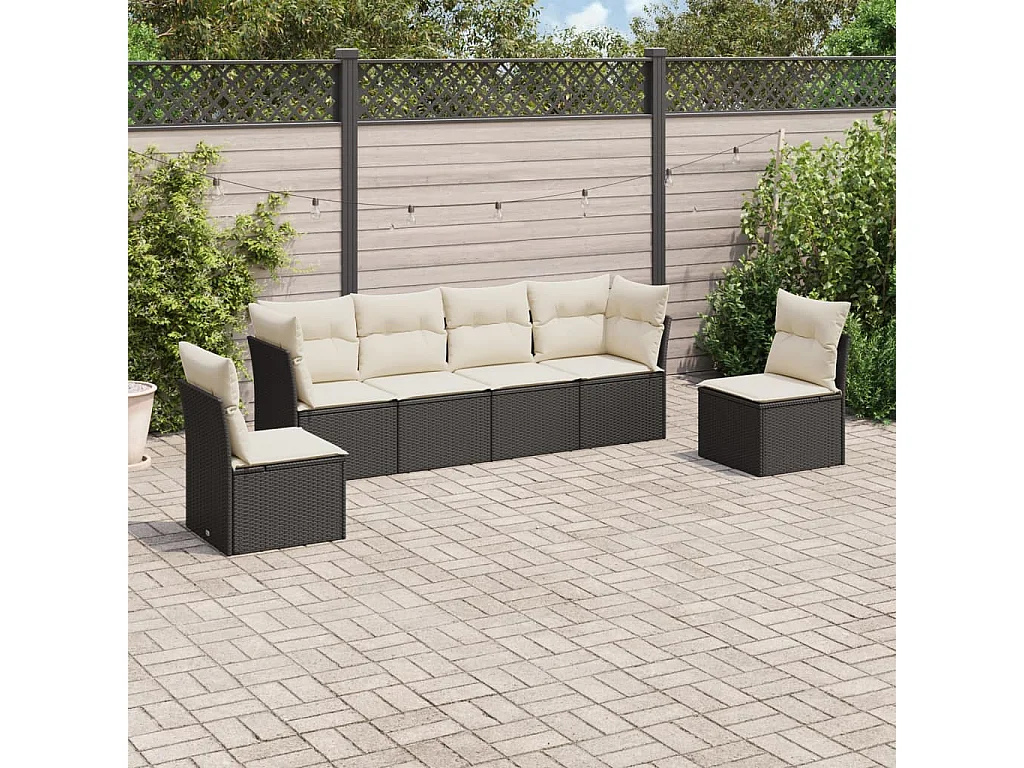 6-delige Loungeset met kussens poly rattan zwart
